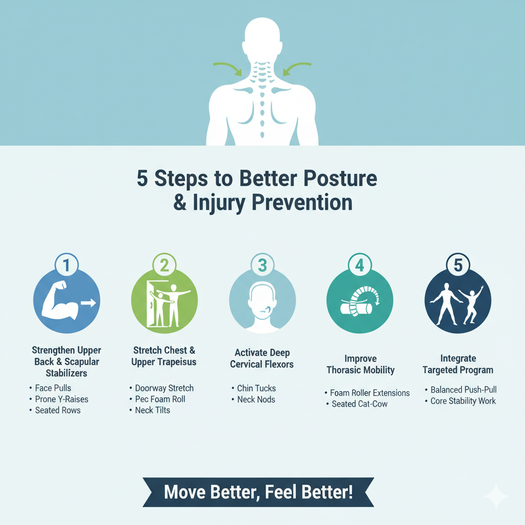 5 Steps to Better Posture & Injury Prevention. A 5-step corrective exercise routine for better posture and injury prevention, featuring exercises like face pulls, doorway stretches, and chin tucks to strengthen the upper back, release tight chest muscles, and improve spinal alignment.