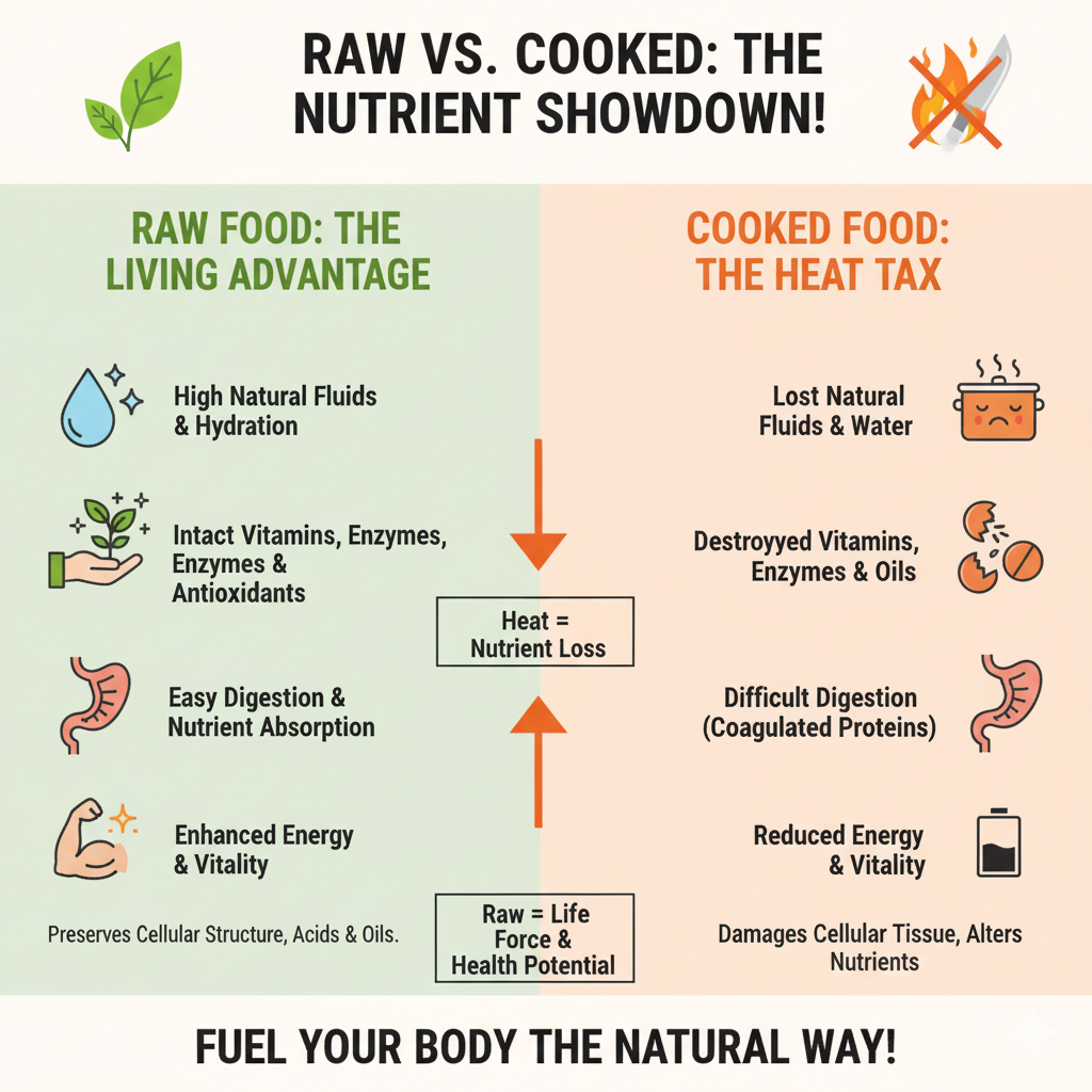 Infographic comparing raw vs cooked food nutrition — highlights benefits of raw food for digestion and vitality. Infographic comparing raw vs cooked food nutrition, showing how heat causes nutrient loss. The raw food side highlights hydration, intact enzymes, easy digestion, and energy benefits, while the cooked food side shows destroyed vitamins, reduced vitality, and digestion difficulty. Educational visual explaining the benefits of raw food for energy, vitality, and overall health.