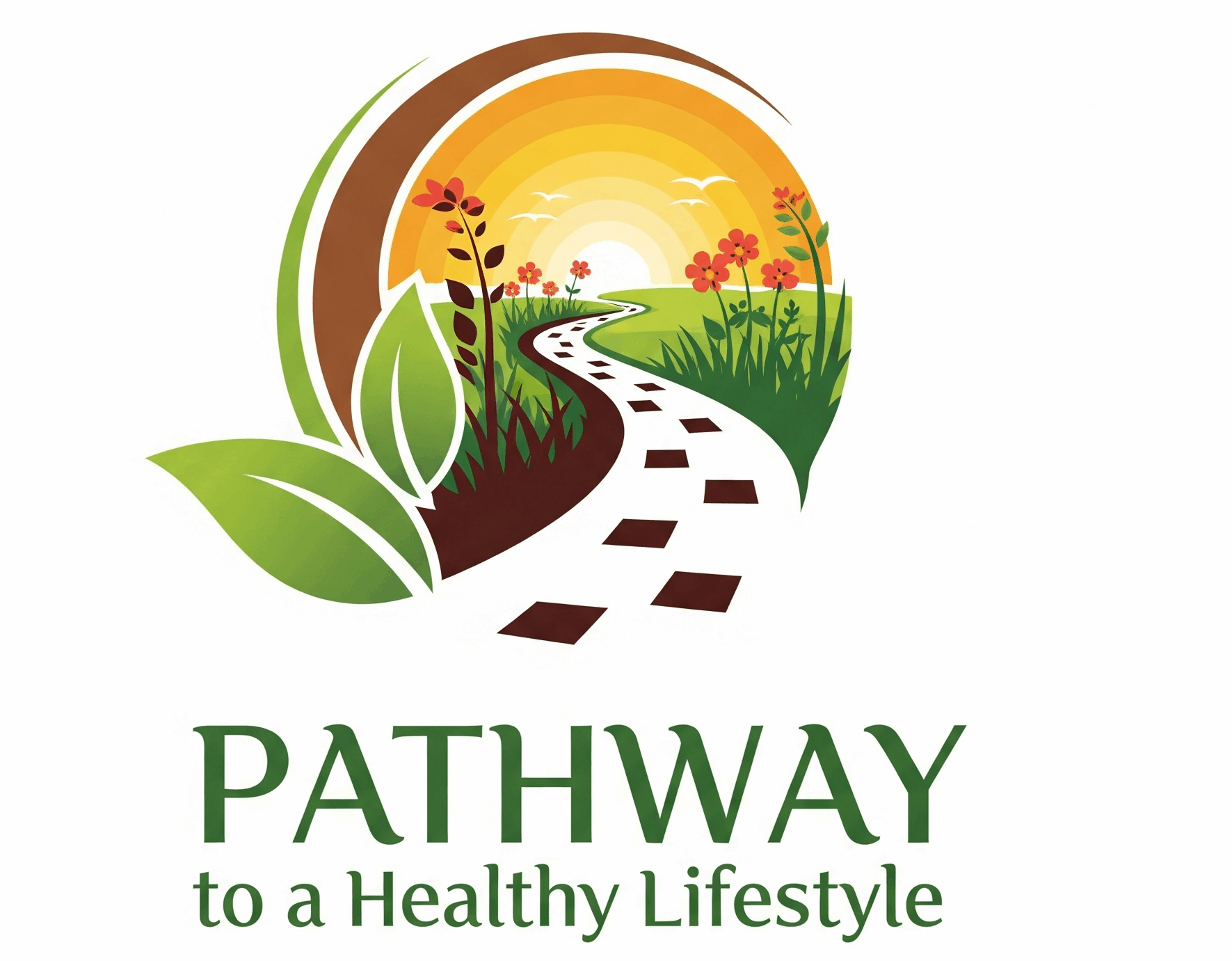 Logo for Pathway to a Healthy Lifestyle blog, featuring a winding path leading towards a sunrise over a vibrant green landscape with flowers and a prominent green leaf, symbolizing wellness and growth.