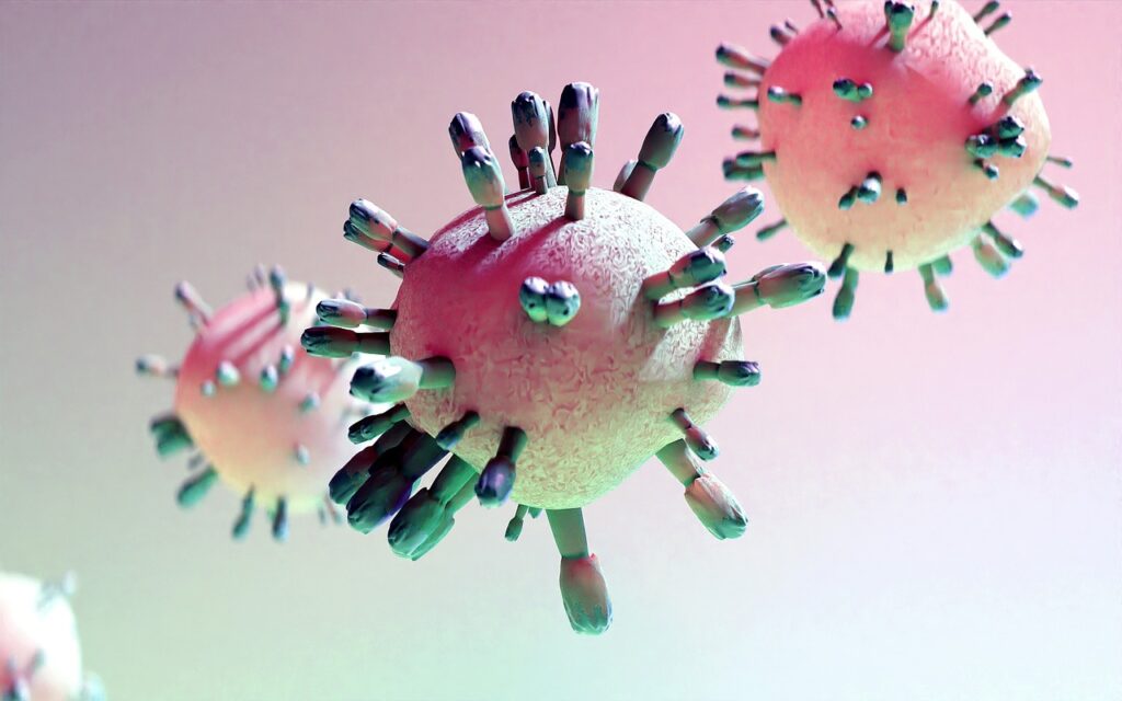 A detailed 3D illustration of viruses and bacteria, representing the pathogens central to the Germ Theory of Disease, set against a backdrop of human cells.
