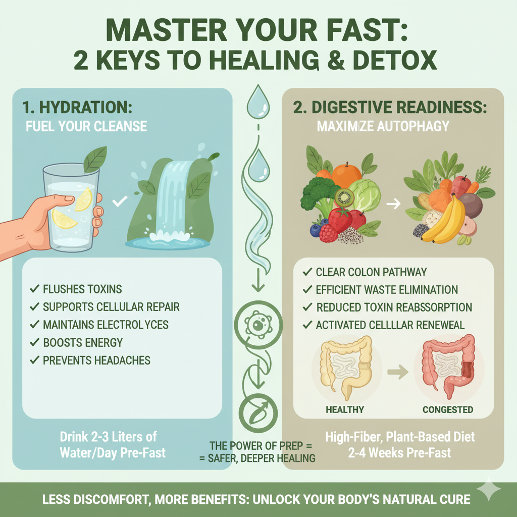 hydration and digestive readiness for fasting proper hydration and digestive readiness enhance the health benefits of fasting for disease cure. It highlights the role of a plant-based, high-fiber diet in clearing the colon, improving detox efficiency, and supporting the body’s natural autophagy process during fasting.