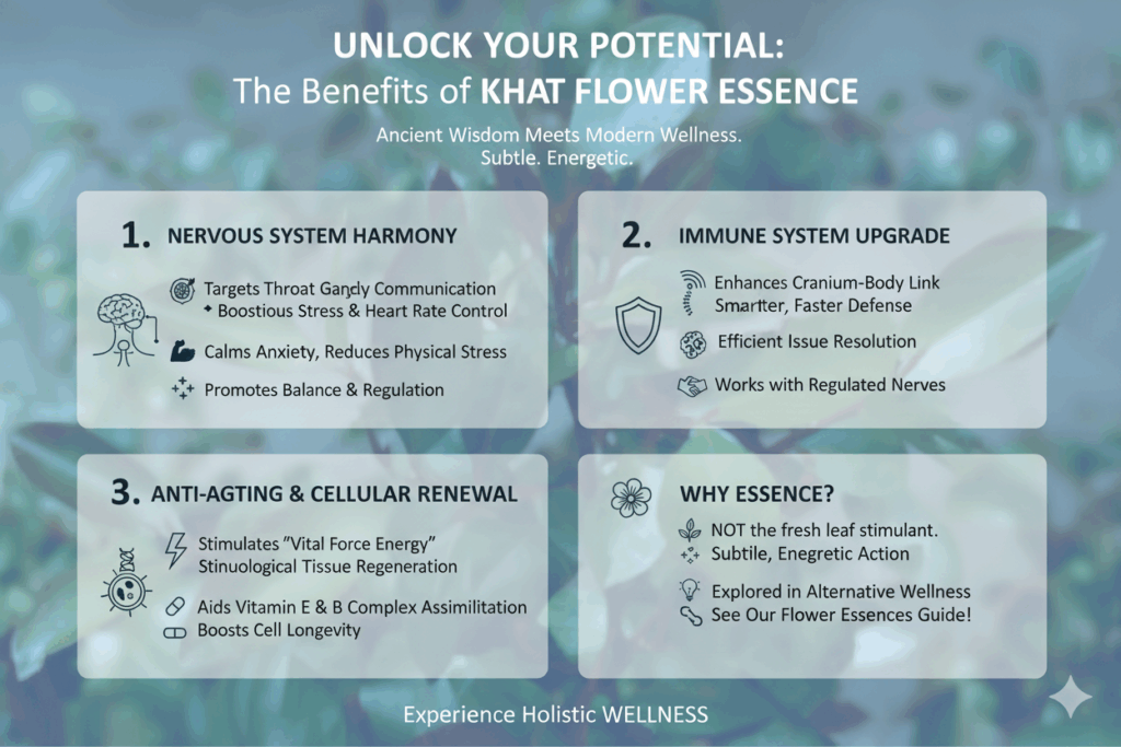 The Benefits of Khat Flower Essence, detailing the positive effects on Nervous System Harmony, Immune System Upgrade, and Anti-Aging & Cellular Renewal, highlighting key Khat benefits for holistic wellness.