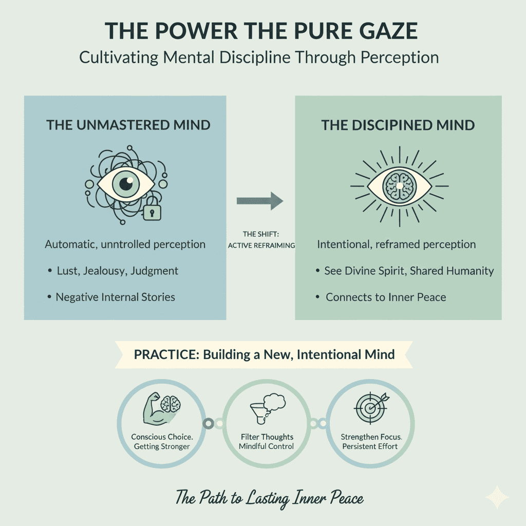 Your visual guide to mastering your perception. The Pure Gaze technique trains your mind to replace lust and jealousy with a view of shared humanity, building the mental discipline needed for lasting inner peace. Infographic illustrating the power of the Pure Gaze for mental discipline, showing the shift from an unmastered mind ruled by lust and judgment to a disciplined mind that sees shared humanity and achieves inner peace.