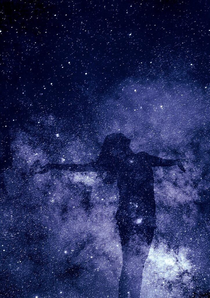The profound connection between spirituality and morality visualized as a human silhouette gazing at a cosmic universe, representing inner creation and purpose.