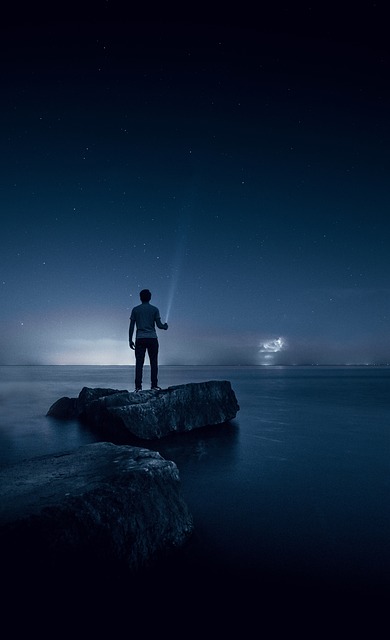 sea, ocean, water, nature, night, sky, stars, rocks, people, man, alone, blue alone, night sky, blue stars, blue night, blue rock