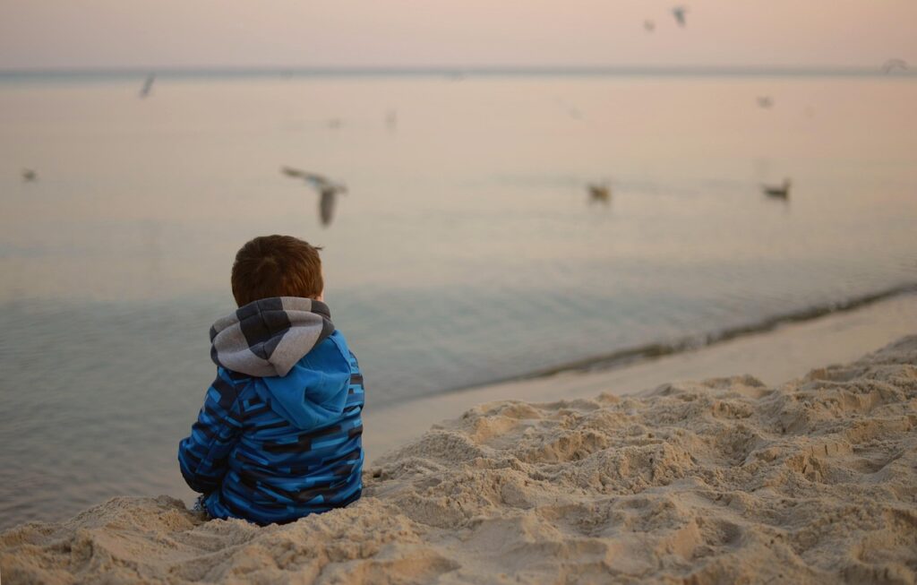 A lonely child stands on a peaceful beach at sunrise, watching birds by the sea. The serene morning scene evokes the benefits of silence and the feeling of inner peace found in nature.