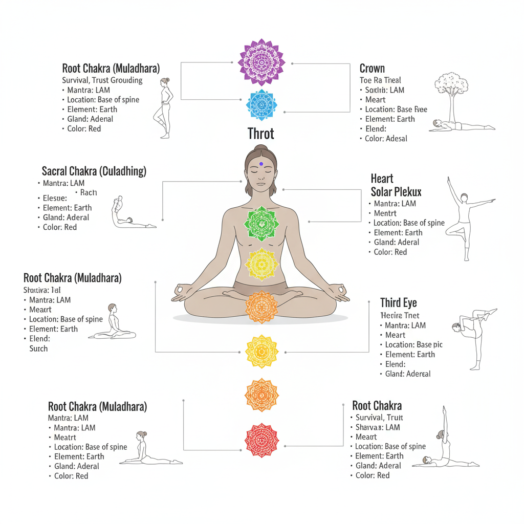 CHAKRA SYSTEM HUMAN A comprehensive infographic serving as a guide to the 7 chakras, depicting a person in meditation with the seven color-coded energy centers aligned along their spine from the base to the crown of the head.
