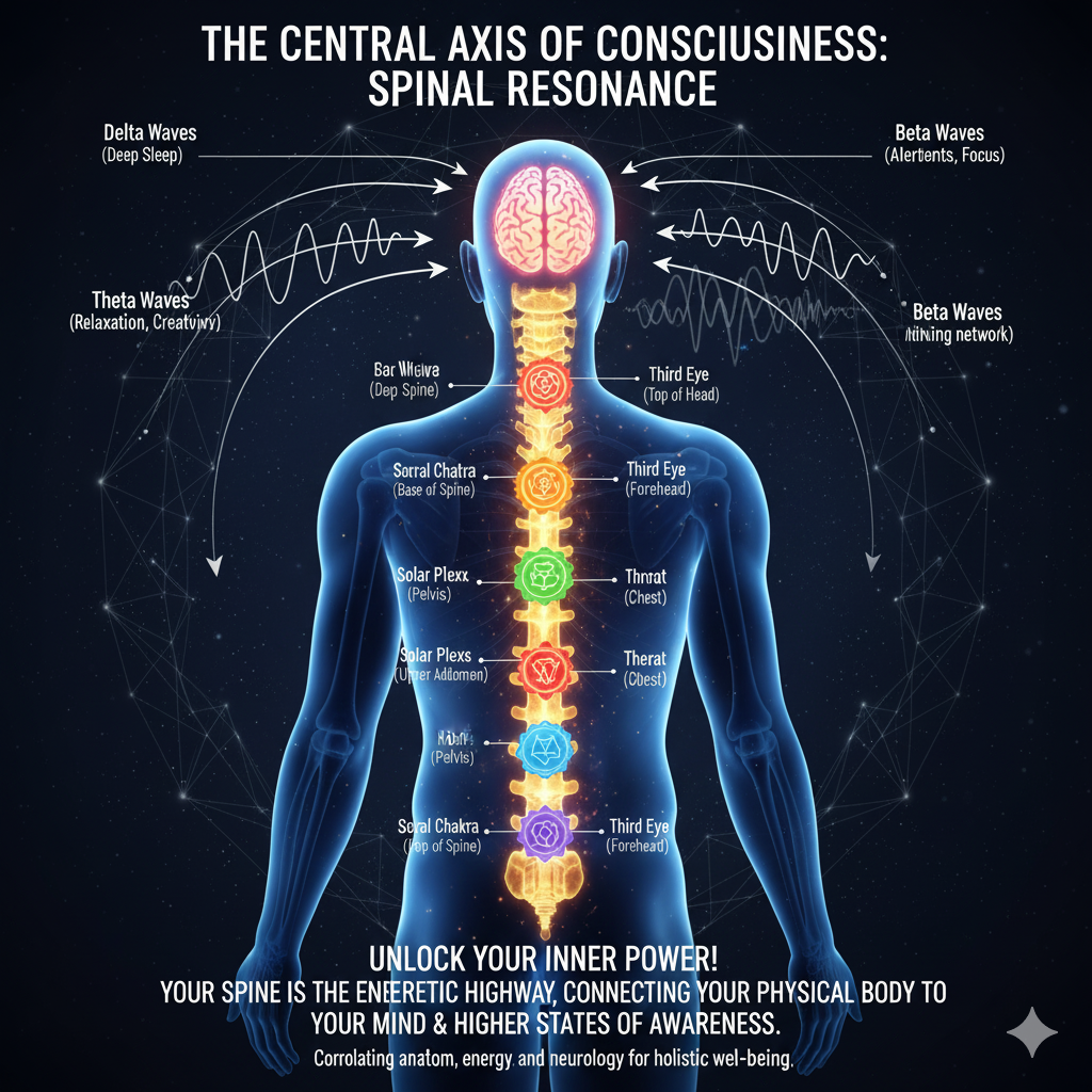 Your spine functions as the central axis of consciousness, correlating physical anatomy with energetic and neurological states Cellular resonance anatomy showing spinal column as energetic axis with chakra and brainwave correlation.