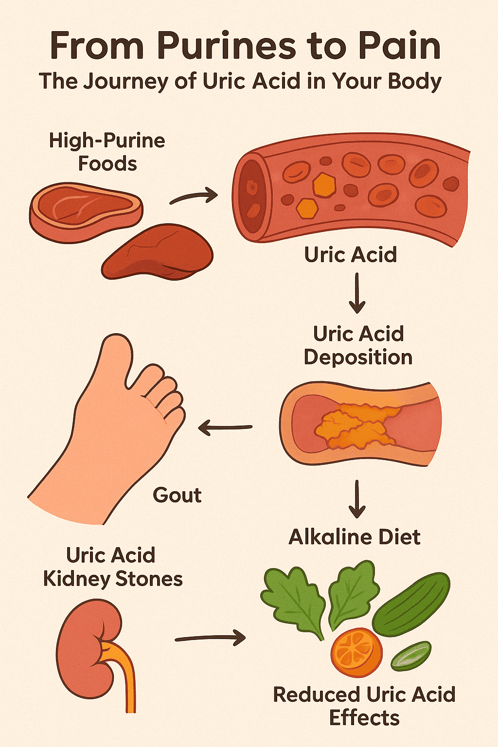 From Purines to Pain: The Journey of Uric Acid in Your Body Illustration showing the uric acid effects from eating high-purine foods to developing gout and kidney stones, and how an alkaline diet helps reduce uric acid buildup naturally.