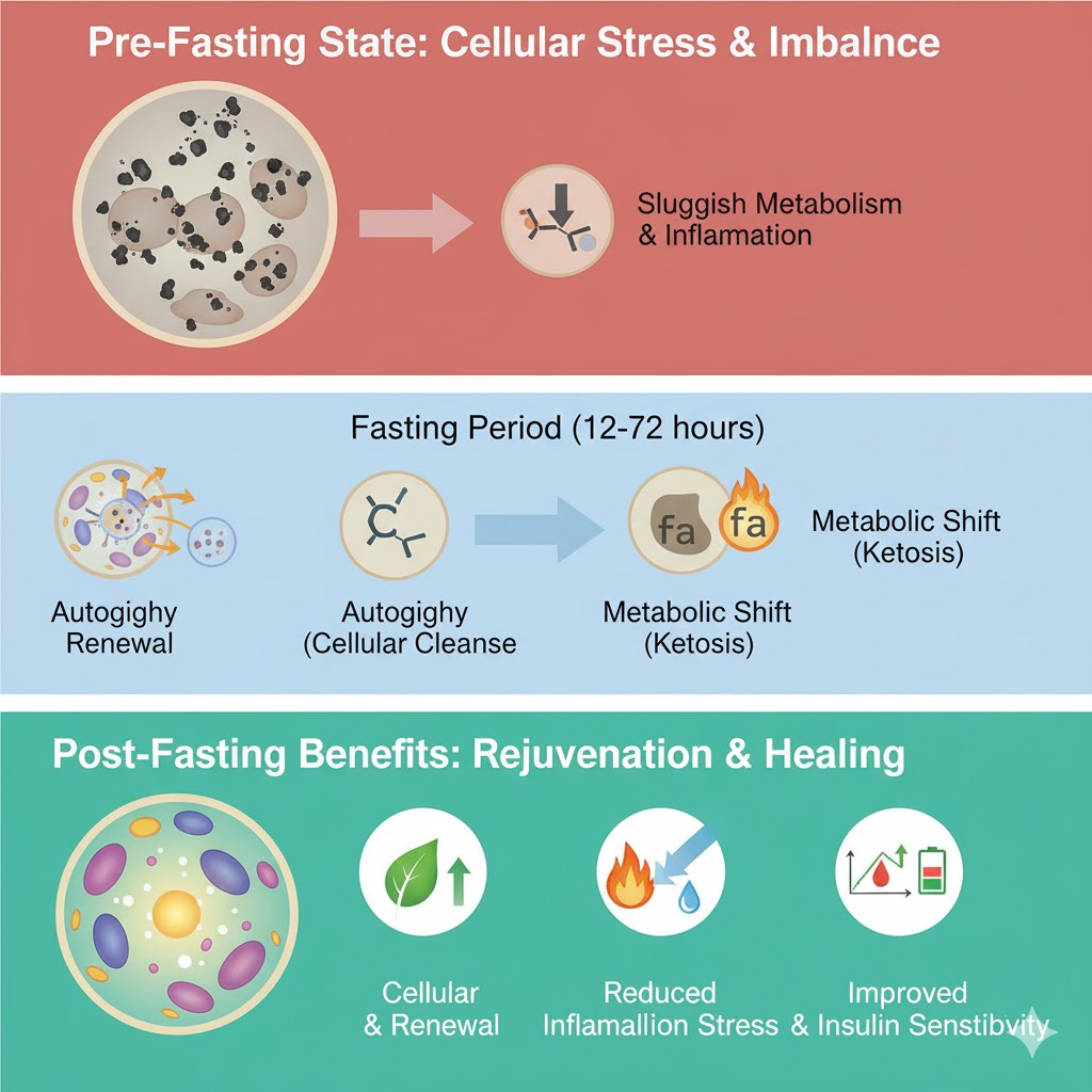 The cellular and metabolic benefits of fasting, showing the transition from a stressed pre-fasting state to a rejuvenated post-fasting state through autophagy and metabolic shift. It highlights improved cellular repair, reduced inflammation, and enhanced insulin sensitivity.