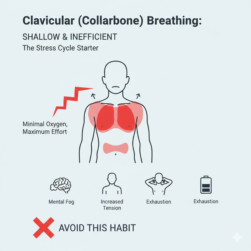 Infographic showing Clavicular (Collarbone) Breathing, highlighted in red at the top of the lungs and shoulders. Infographic illustrating clavicular breathing — the shallow, upper-lung breathing pattern that limits oxygen flow. Highlights why avoiding this type enhances your deep breathing benefits for calmness, clarity, and energy balance.