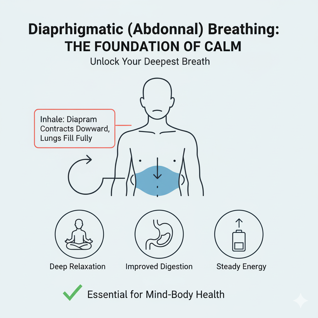 Infographic showing Diaphragmatic (Abdominal) Breathing. The diaphragm area and lower abdomen are highlighted in blue. Infographic showing diaphragmatic breathing activating the lower lungs and abdomen. Demonstrates how this method delivers profound deep breathing benefits—calming the mind, aiding digestion, and restoring energy through holistic balance.