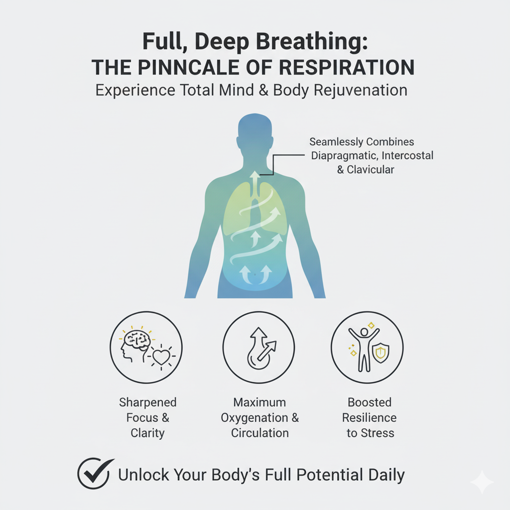 Infographic showing Full, Deep Breathing, with the entire torso and lungs highlighted in green and blue, and arrows illustrating air filling from the abdomen up to the collarbone. Infographic illustrating full, deep breathing as air flows from abdomen to chest, engaging all lung regions. Highlights how this complete technique maximizes oxygen intake, circulation, and overall deep breathing benefits for health and resilience.