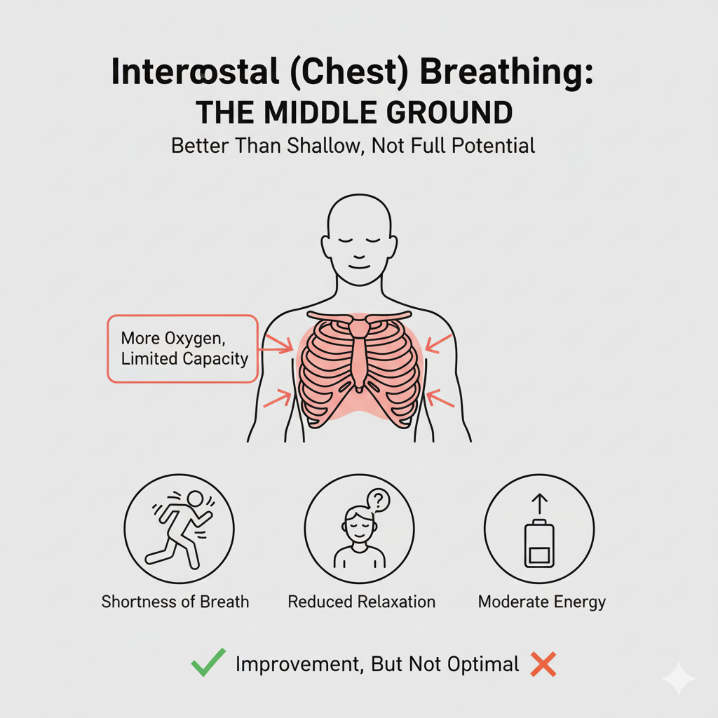 Infographic showing Intercostal (Chest) Breathing, highlighted in red around the ribcage. Infographic showing intercostal breathing with ribcage expansion arrows and labeled oxygen zones. Explains how this middle-ground technique provides moderate deep breathing benefits but limits full relaxation and lung capacity.