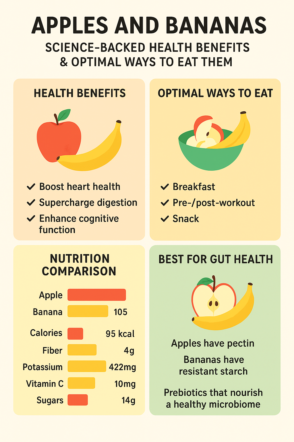 Infographic showing the science-backed health benefits of apples and bananas, including improved heart health, better digestion, and enhanced brain function. Apples and bananas are more than a quick snack — they’re a nutrient-rich duo that supports heart health, digestion, energy, and gut balance. This infographic breaks down their key benefits, nutrition comparison, and the best times to enjoy them for optimal wellness.