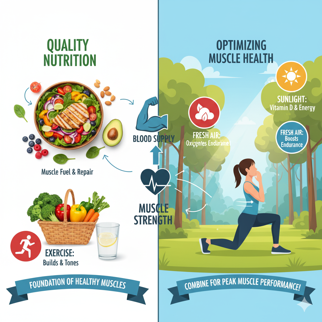 Quality Nutrition and Pure Air Healthy foods and fresh vegetables representing muscle health and nutrition sources