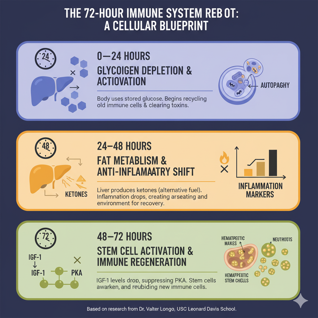 REGENERATION PROCESS DURING FASTING Infographic illustrating the 72-hour fasting for immunity process, showing how the body transitions from glycogen depletion and autophagy to fat metabolism and stem cell-driven immune regeneration.