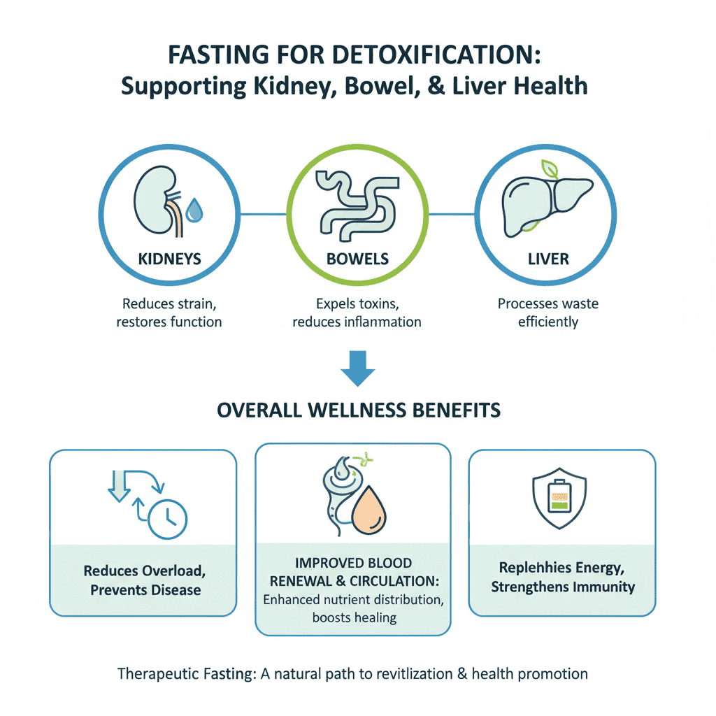 Shows three interconnected circles at the top representing Kidneys, Bowels, and Liver, with key benefits listed under each (1) Infographic illustrating fasting for detoxification and how it supports kidney, bowel, and liver health. Shows interconnected organs and their benefits: kidneys reduce strain and restore balance, bowels expel toxins and inflammation, and the liver improves waste processing. Highlights overall wellness benefits like enhanced blood renewal, stronger immunity, and natural energy restoration through fasting for health promotion.
