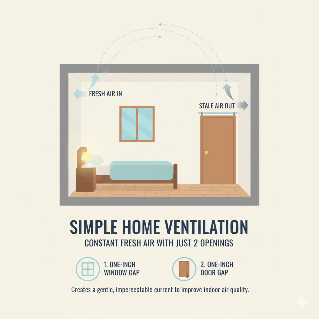 Simple Home Ventilation Diagram Achieving a Gentle Airflow in a Bedroom. Diagram showing proper ventilation technique: one-inch gap at the top of a window and a corresponding gap above the door to create a subtle, constant current of fresh air in a bedroom. Arrows indicate fresh air entering through the window and stale air exiting through the door.