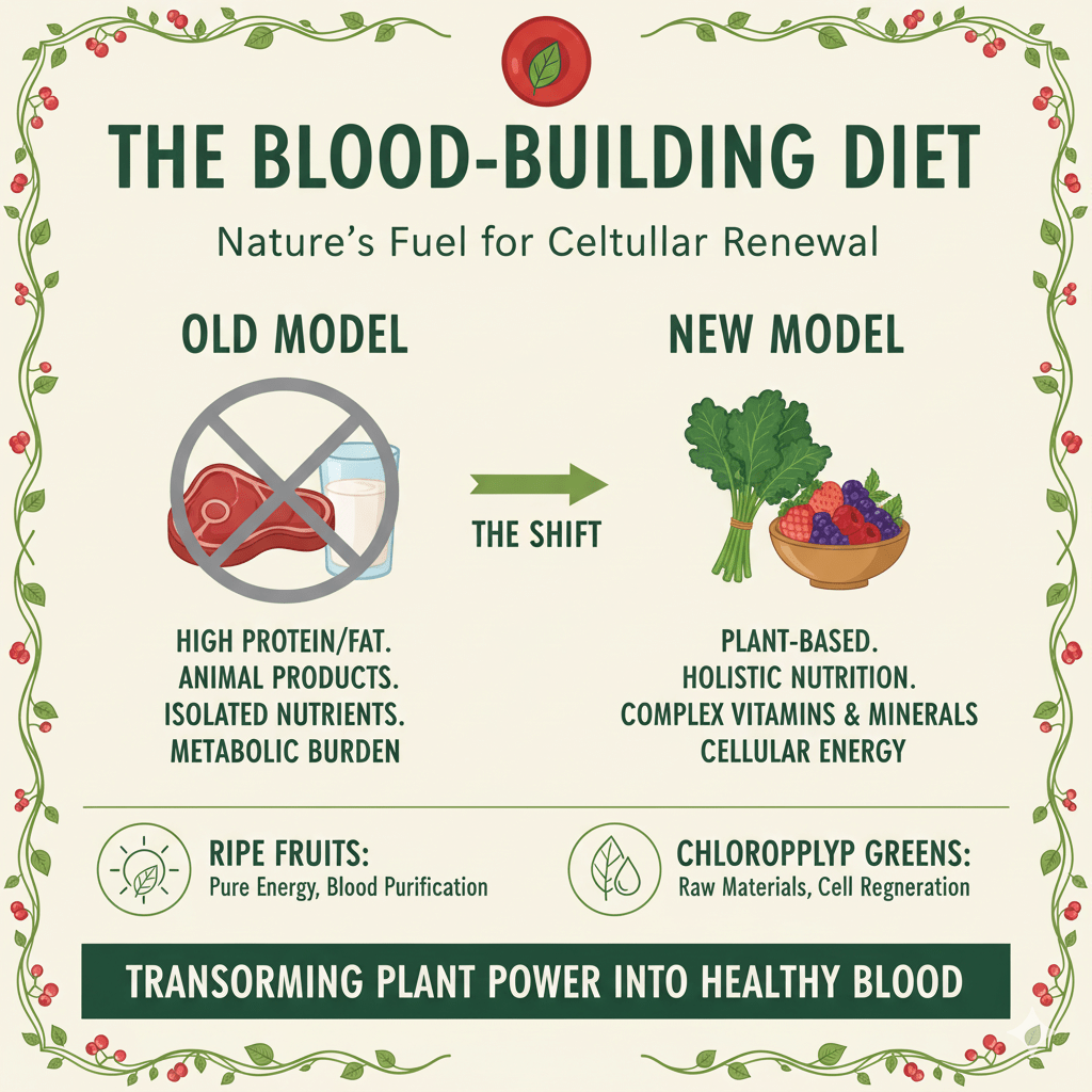 This infographic illustrates how shifting to plant-based, whole foods, especially ripe fruits and chlorophyll-rich greens, fuels cellular renewal and supports natural blood regeneration. An infographic illustrating the shift from an animal-based diet to a blood-building diet of ripe fruits and chlorophyll greens for cellular renewal and energy.