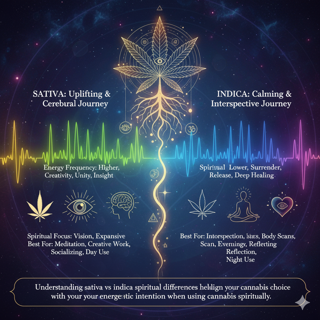 UNderstanding sativa vs indica spiritual differences helps align your cannabis choice with your energetic intention when using cannabis spiritually (2) Cannabis plant with spiritual symbols, illustrating the distinct sativa vs. indica marijuana and spirituality effects, energy frequencies, and how they align with your intention.