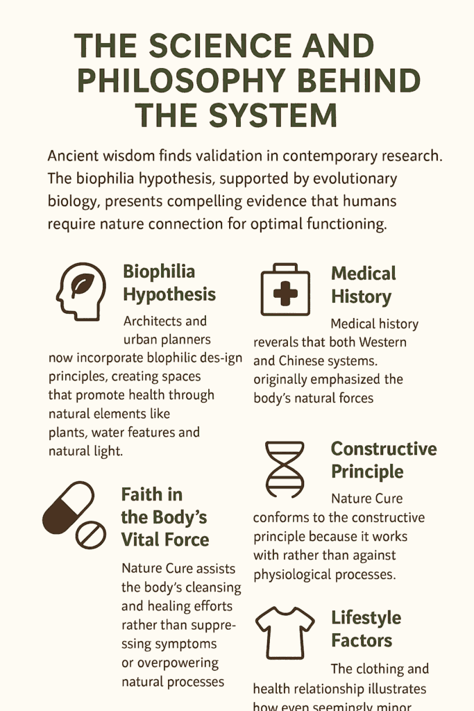 ancient healing wisdom aligns with modern science, affirming the body’s natural capacity for healing Informational infographic explaining the science and philosophy behind Nature Cure, featuring concepts like the biophilia hypothesis, medical history of natural healing, constructive principle, faith in the body’s vital force, and lifestyle factors that support the principles of nature cure.