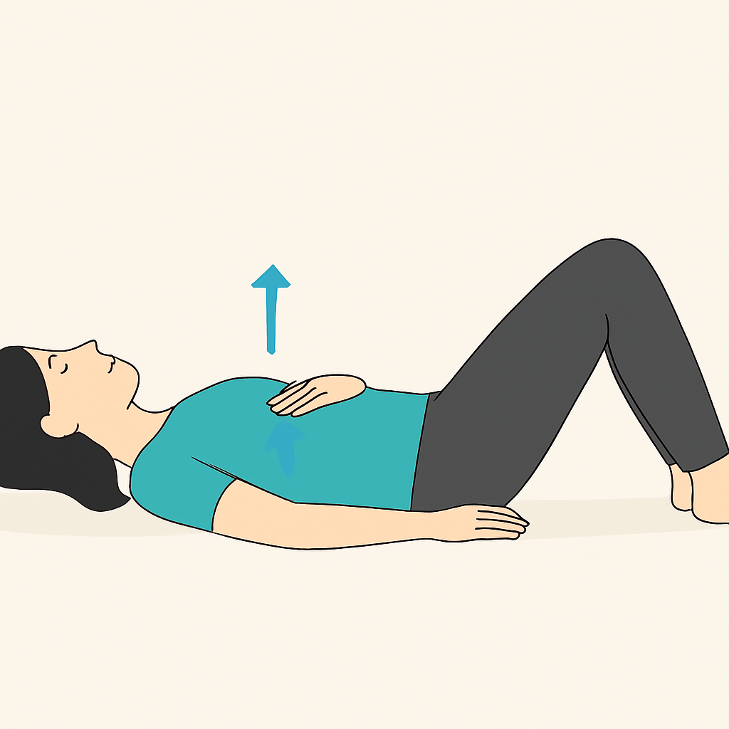 Woman lying on her back with one hand on her chest and one on her belly demonstrating diaphragmatic breathing — a core stability technique that supports posture and enhances strength training for women. A woman practicing diaphragmatic breathing, a foundational exercise in strength training for women, lying on her back with one hand on her rising belly to engage the core and improve posture.