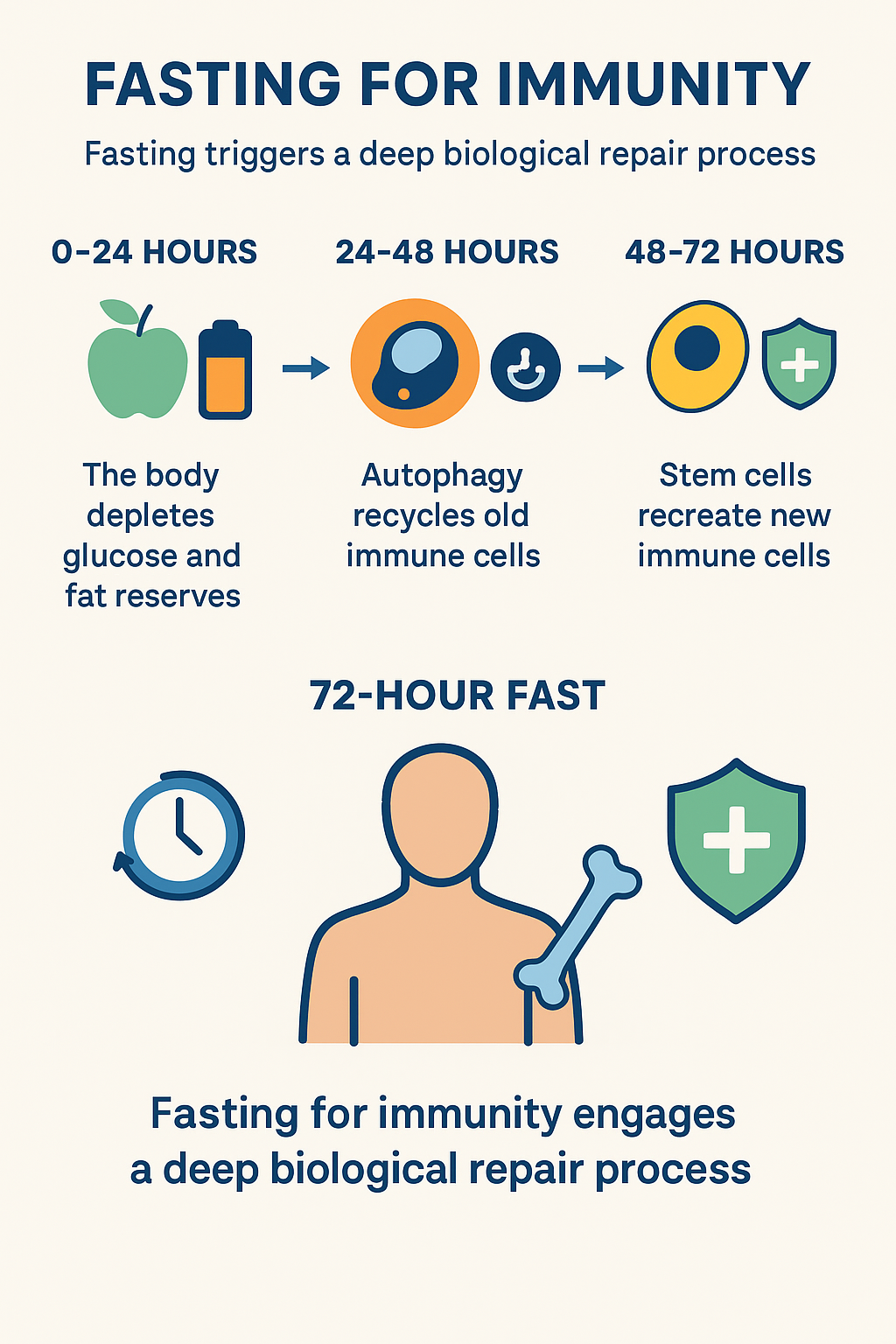 fasting for immunity repair process Infographic explaining how fasting for immunity works, showing the 72-hour biological repair process—from glucose depletion and autophagy to stem cell activation and immune regeneration.