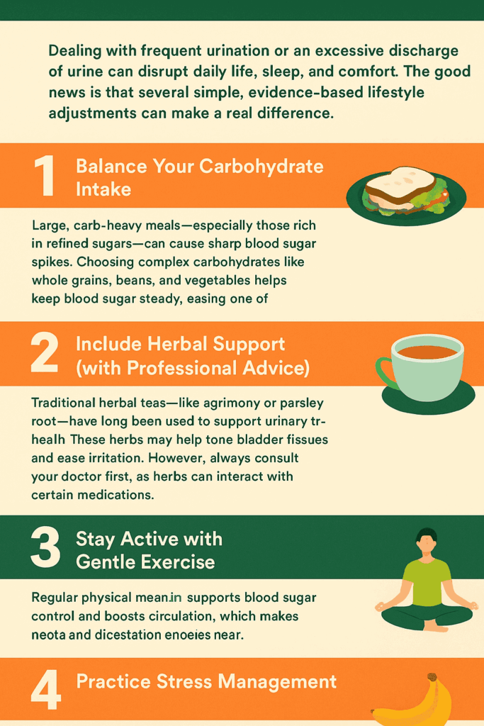 science-backed natural remedies for excessive discharge of urine and frequent urination Science-backed natural remedies for excessive discharge of urine and frequent urination, highlighting lifestyle changes like balanced carbs, herbal teas, hydration, exercise, and stress management for improved urinary health.