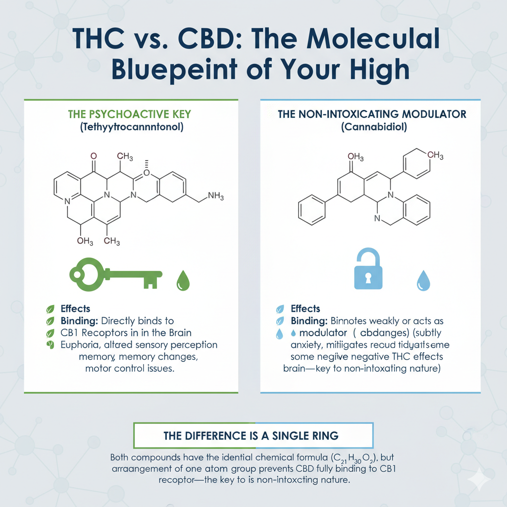 thc-cbd-molecular-structure-how-cannabis-works.jpg Chemical structure diagram showing THC and CBD molecular compounds explaining how cannabis works.