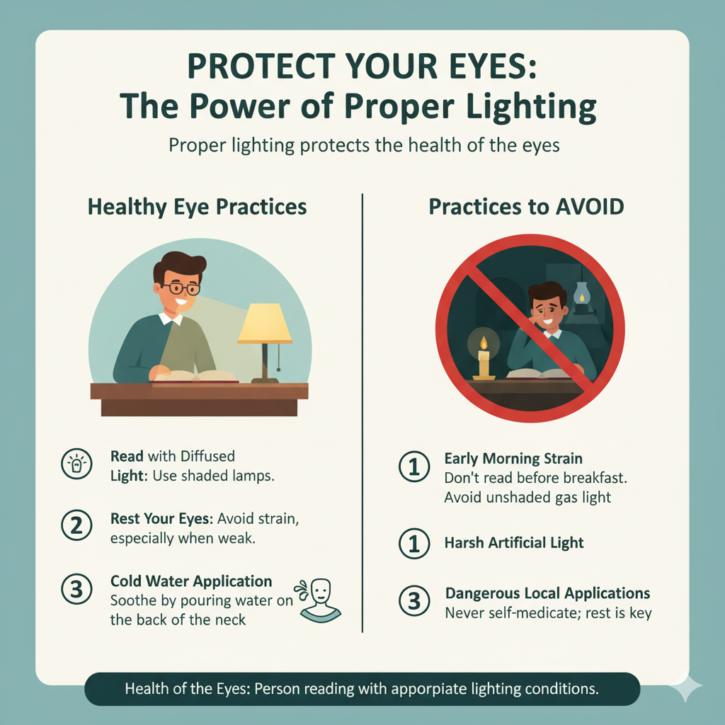 the power of proper lighting inforgraphic showcasing the need for protecting sense of sight Guidance on protecting the eyes as part of the organs of sense, showing healthy eye practices such as reading with diffused light, resting weak eyes, and using cold water on the neck, contrasted with harmful habits like reading before breakfast, harsh artificial lighting, and unsafe local applications to maintain the health of the eyes.