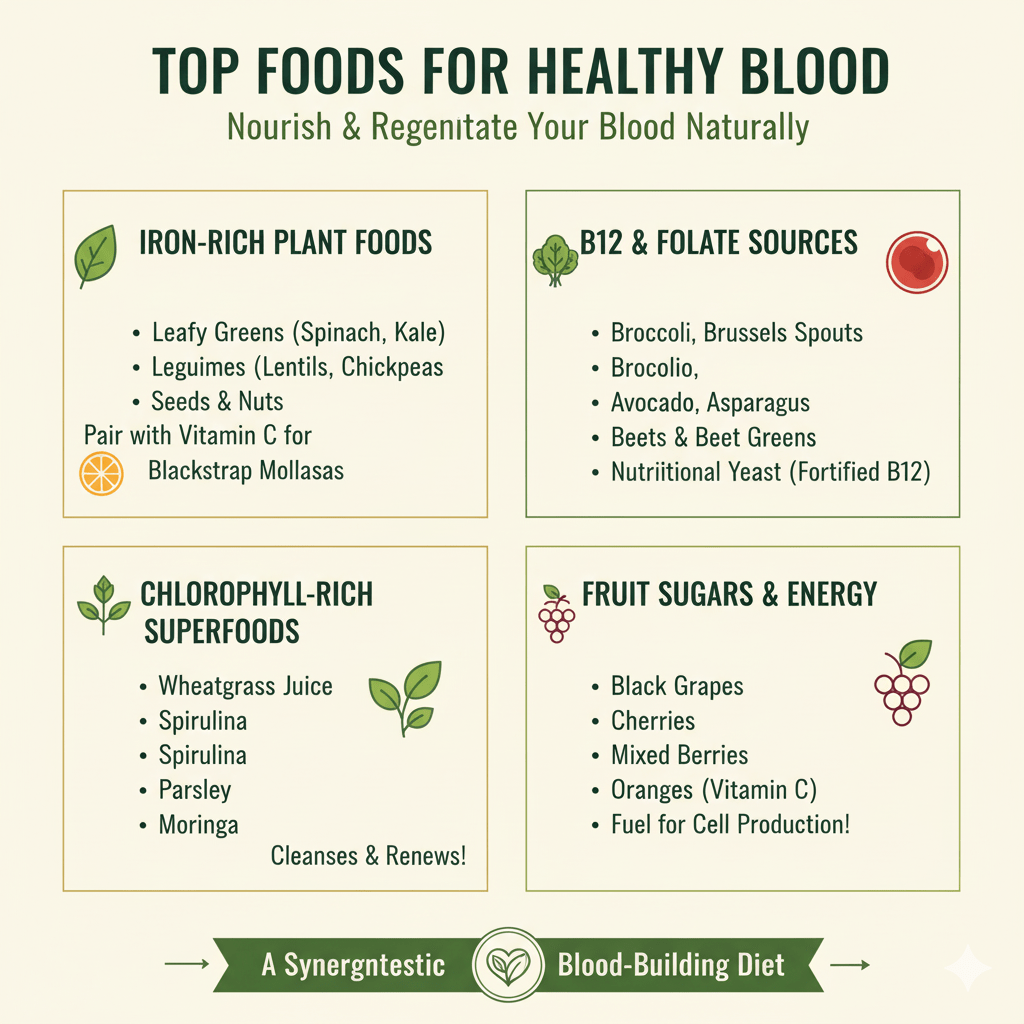 These natural foods work synergistically in a blood-building diet to enhance circulation and regenerate healthy blood cells. Top natural blood-building diet such as leafy greens, ripe fruits, legumes, and chlorophyll-rich plants that cleanse and renew blood.