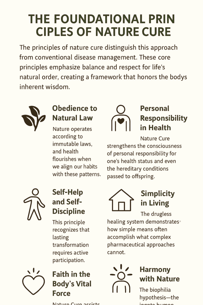visual guide to the timeless laws of natural healing that emphasize simplicity, self-discipline, and harmony with nature laws Infographic illustrating the six foundational principles of Nature Cure — obedience to natural law, personal responsibility, self-discipline, simplicity in living, faith in the body’s vital force, and harmony with nature — showing how these core principles guide natural healing and balance.
