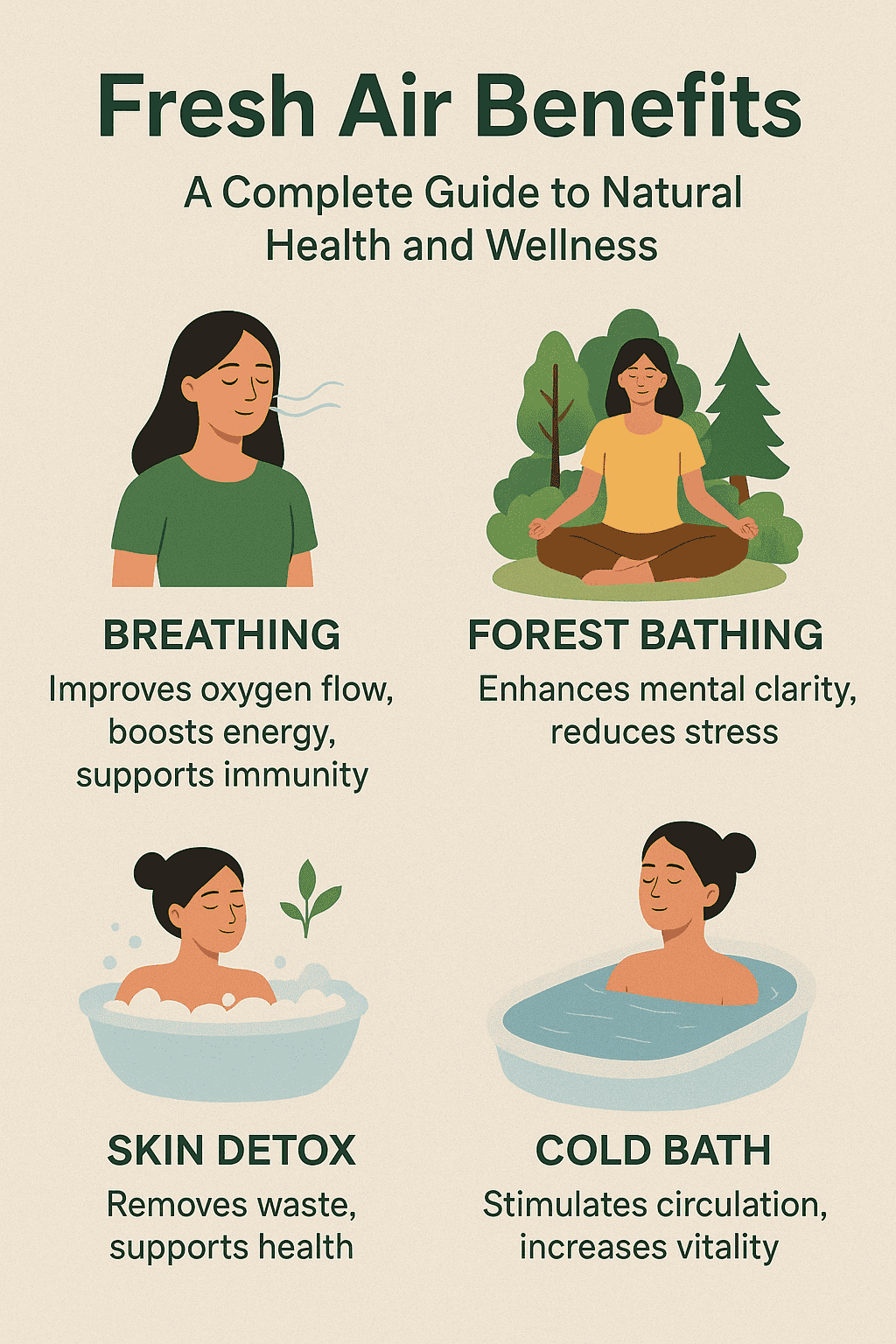 Breathing for oxygen flow, Forest Bathing for mental clarity, Skin Detox for waste removal, and Cold Baths for circulation, highlighting the core fresh air benefits.