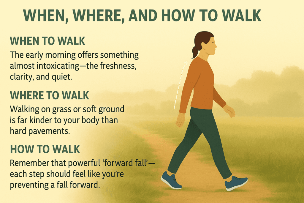 Proper Walking Technique: Build Vital Power with Long Walks 1 Person demonstrating proper walking technique on a grassy morning path with upright posture and forward lean.