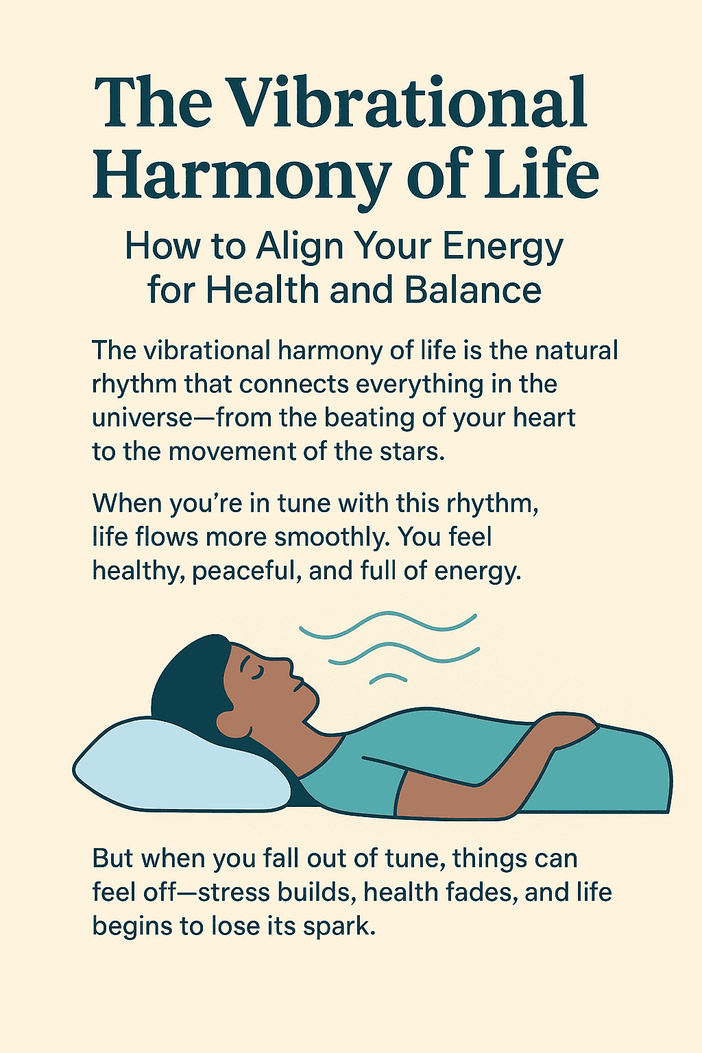 The Vibrational Harmony of Life: How to Align Your Energy for Health and Balance 1 Illustration of a person lying peacefully with eyes closed, representing relaxation and balance, highlighting the concept of the vibrational harmony of life that aligns energy for health and wellbeing.