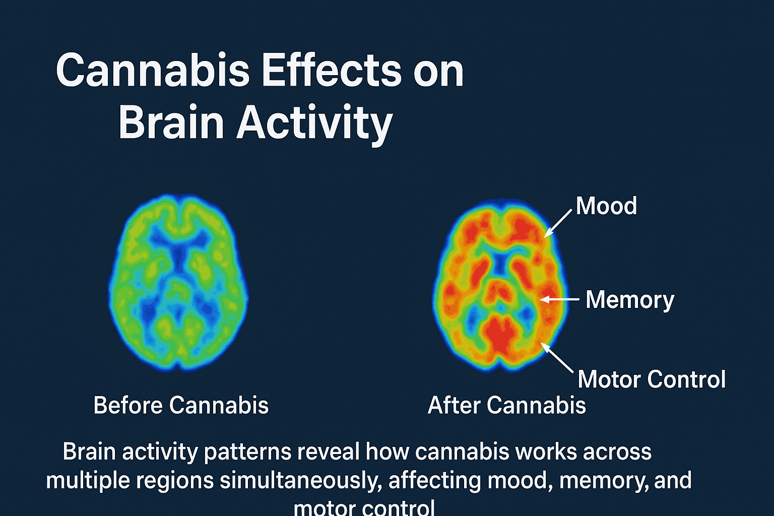Brain scan comparison showing neural activity illustrating how cannabis works on different brain regions.