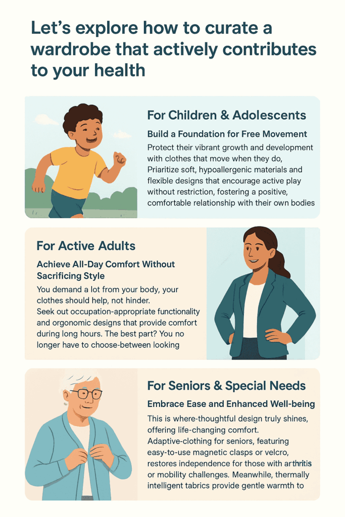 Illustrated infographic showing how clothing and health are connected across life stages. Illustrated infographic showing how clothing and health are connected across life stages, featuring children, adults, and seniors wearing comfortable, functional outfits that support movement, comfort, and well-being.