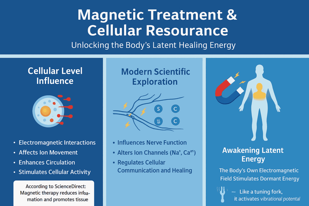 Magnetic treatment infographic showing how electromagnetic fields work to enhance circulation, regulate ion channels, and activate the body’s natural healing response.