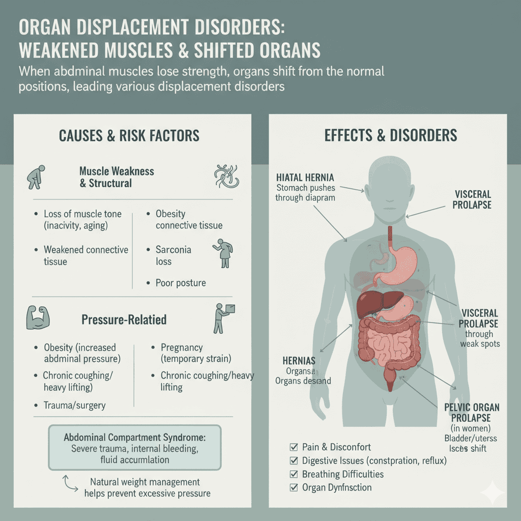 Organ displacement disorders with weakened abdominal muscles and shifted internal organs.