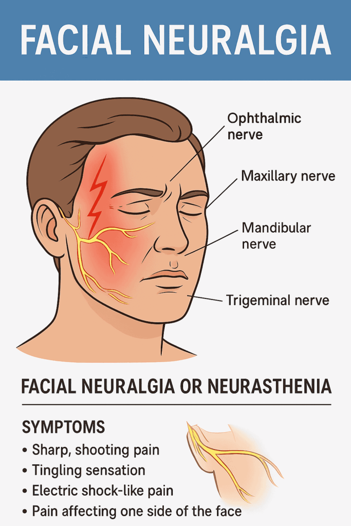Illustration of facial neuralgia showing pain along the trigeminal nerve branches, demonstrating how nerve irritation affects facial function and may correspond with oral health changes, including shifts in saliva flow that help explain the connection between saliva and disease.