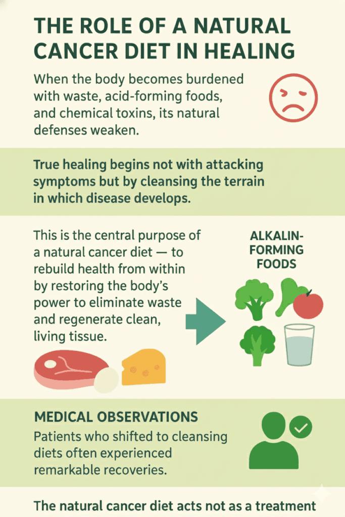 Natural Cancer Treatment That Targets Root Causes 1 Visual summary of the natural cancer diet showing the transition from toxic, acid-forming foods to cleansing plant-based nutrition that supports detoxification, cellular repair, and the body’s natural healing process.