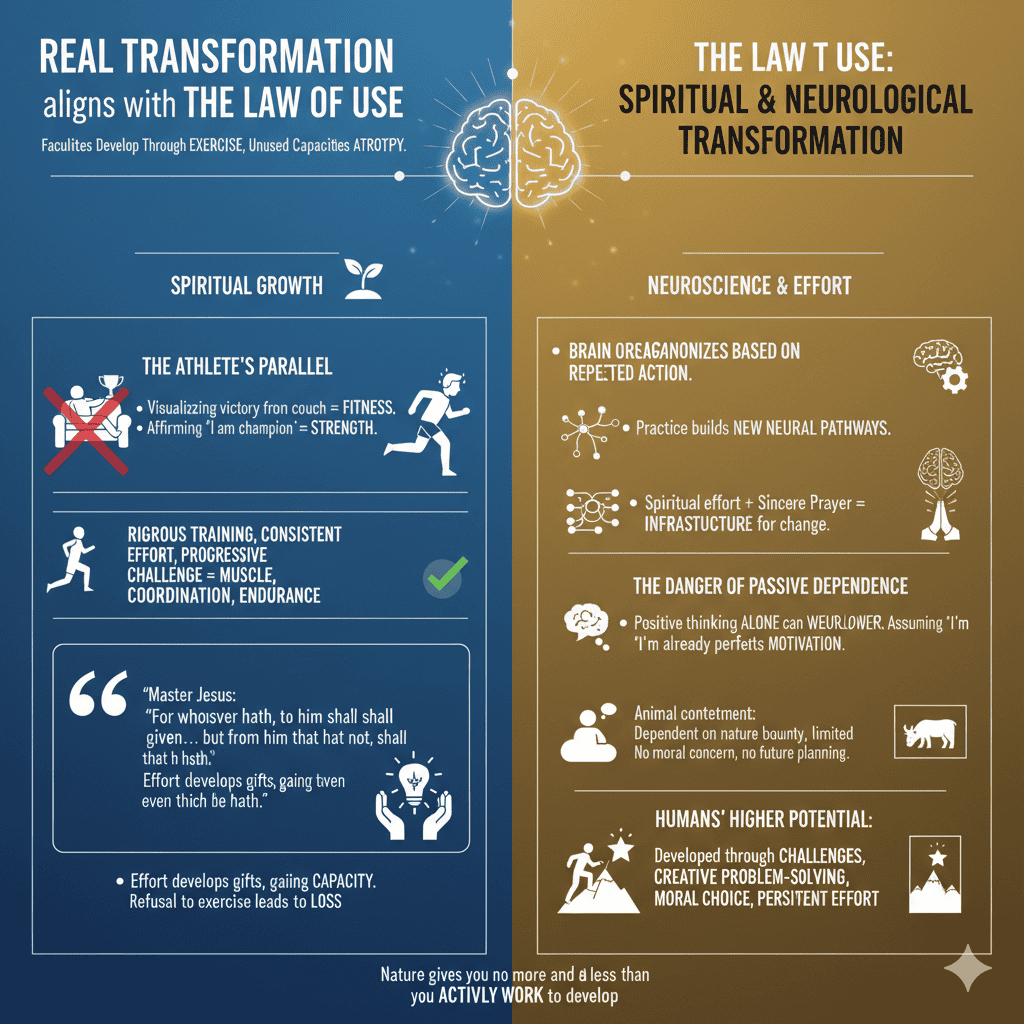 This graphic reveals how to pray effectively: not through passive wishing, but through the consistent, effortful practice that builds spiritual strength, just as an athlete builds muscle. Real Transformation Aligns with the Law of Use, illustrating that spiritual growth, like physical training, requires active effort. It explains how to pray effectively by comparing prayer to rigorous exercise that builds spiritual and neurological capacity, rather than passive wishing.