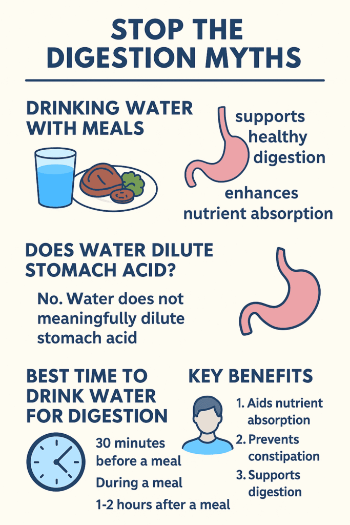 Key facts about drinking water with meals Summary research on drinking water with meals, including that water does not dilute stomach acid, the best times to drink water for digestion, and key benefits such as aiding nutrient absorption, preventing constipation, and supporting digestion.
