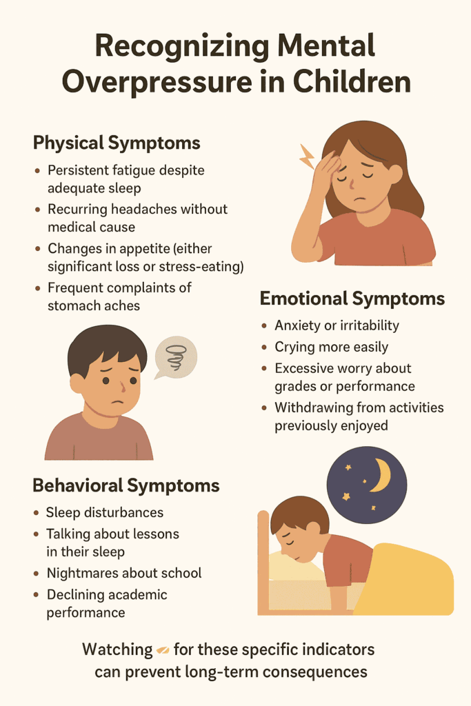Infographic outlining signs of mental overpressure in children, including physical, emotional, behavioral, and postural symptoms.