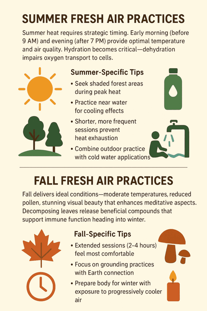 summer and fall fresh air practices, showing tips for hydration, shaded areas, mindful breathing, and grounding exercises to enjoy fresh air benefits year-round.