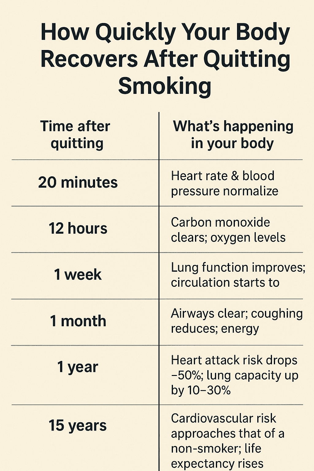 Timeline infographic showing how the body heals from the effects of smoking over 20 minutes, 12 hours, 1 week, 1 month, 1 year, and 15 years.