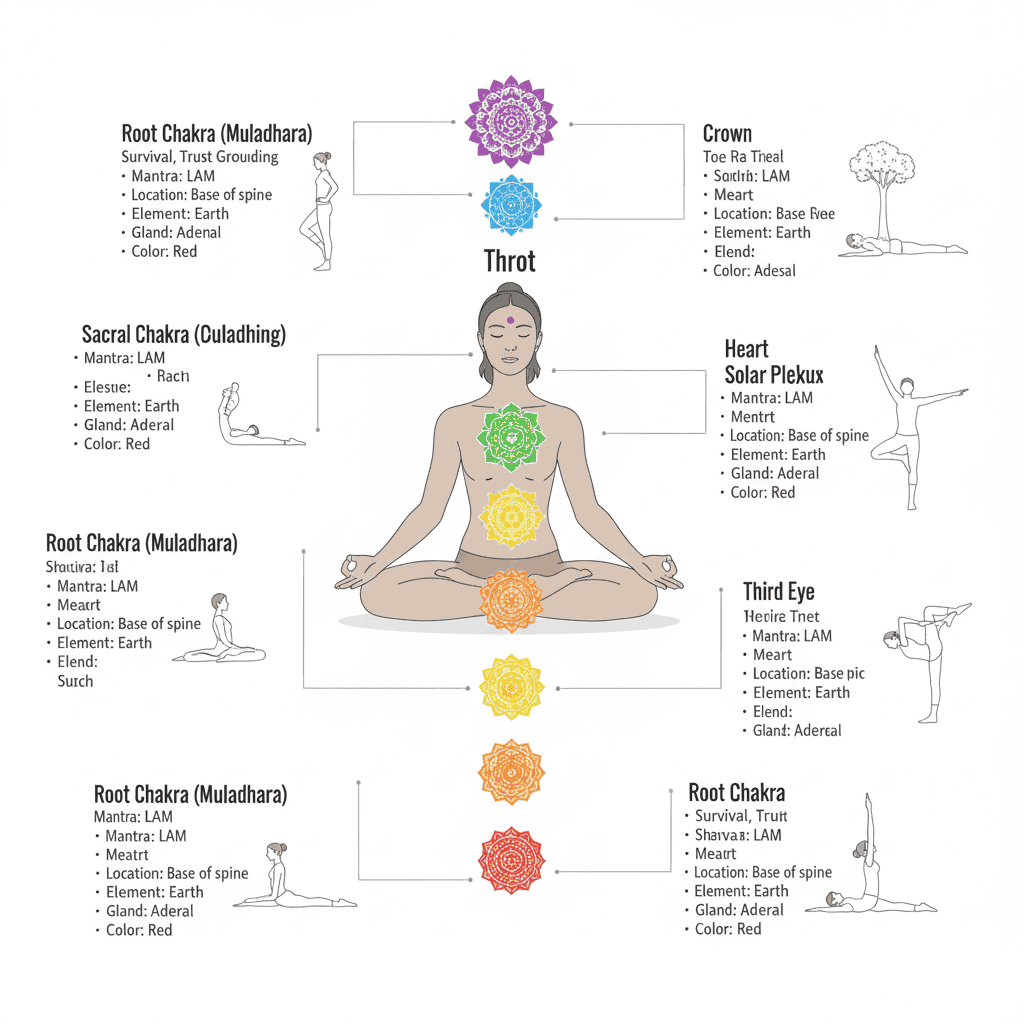 An illustrated guide to the chakra system, showing the location of each of the seven primary energy centers from the base of the spine to the crown of the head and summarizing their core functions.