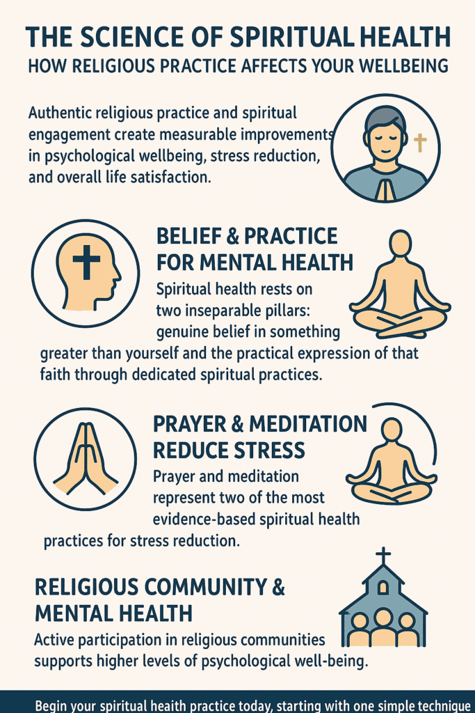 The Science of Spiritual Health: A visual guide showing how belief, prayer, community, and practice work together to improve mental wellbeing and reduce stress.