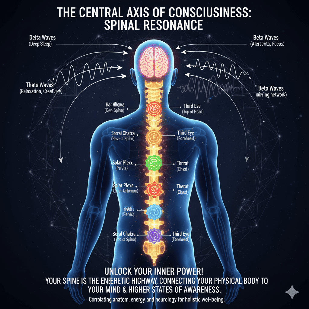 Anatomical diagram of the spinal column and brain, illustrating the central axis of the bio-energetic body. Shows the correlation between brainwave patterns (Delta, Theta, Beta) and the alignment of key energetic centers (Chakras/Plexus) along the spine, representing the energetic highway to higher consciousness.